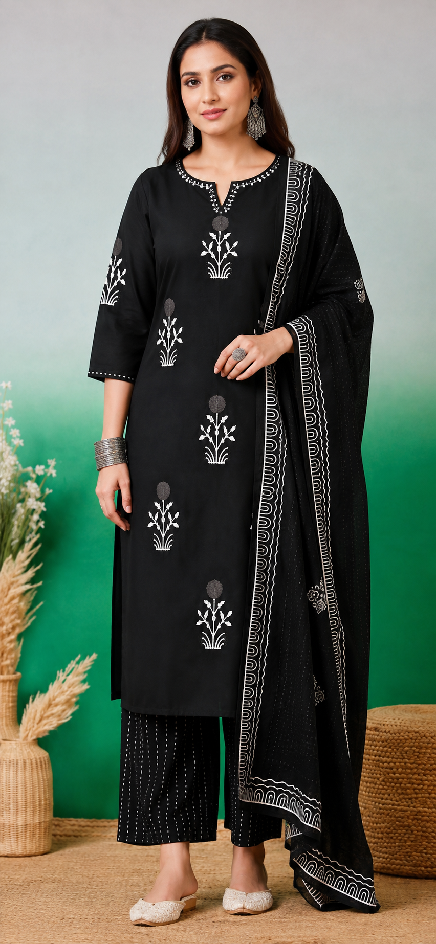 Black White Block Print Cotton Kurta Pant with Dupatta Set