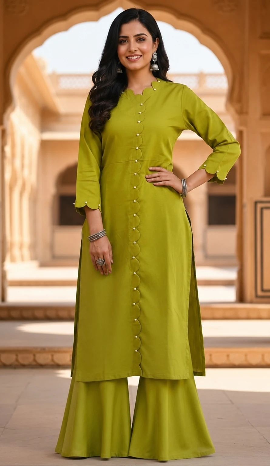 Parrot green solid straight kurta with plazzo set