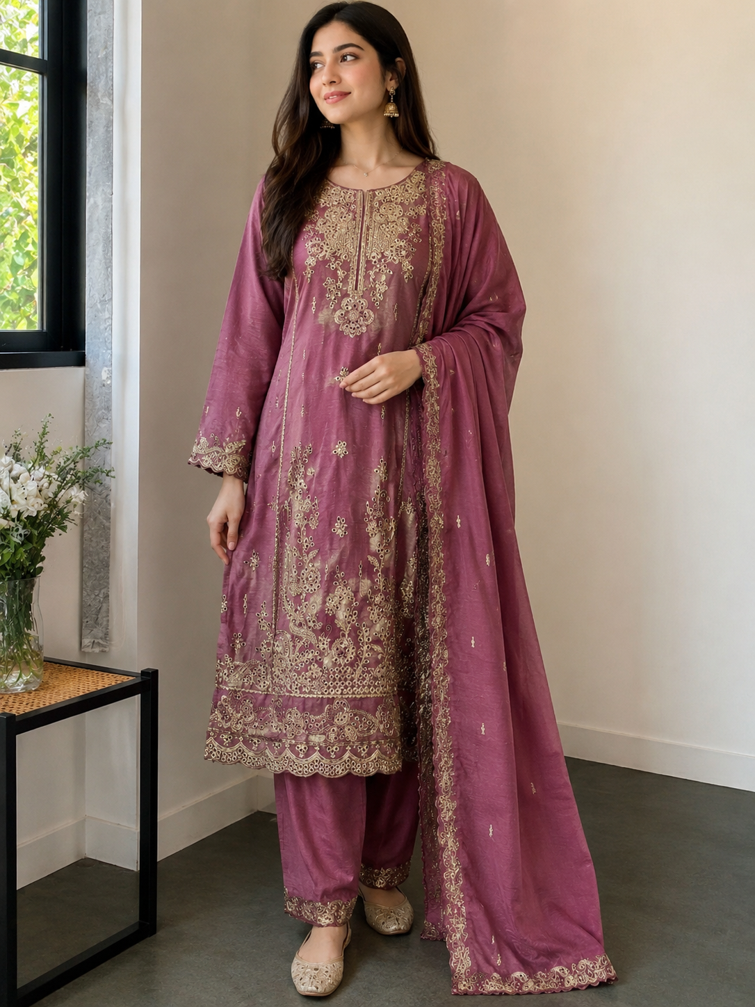 Women Mauve Embroidered Straight Kurta Pant & Dupatta Set