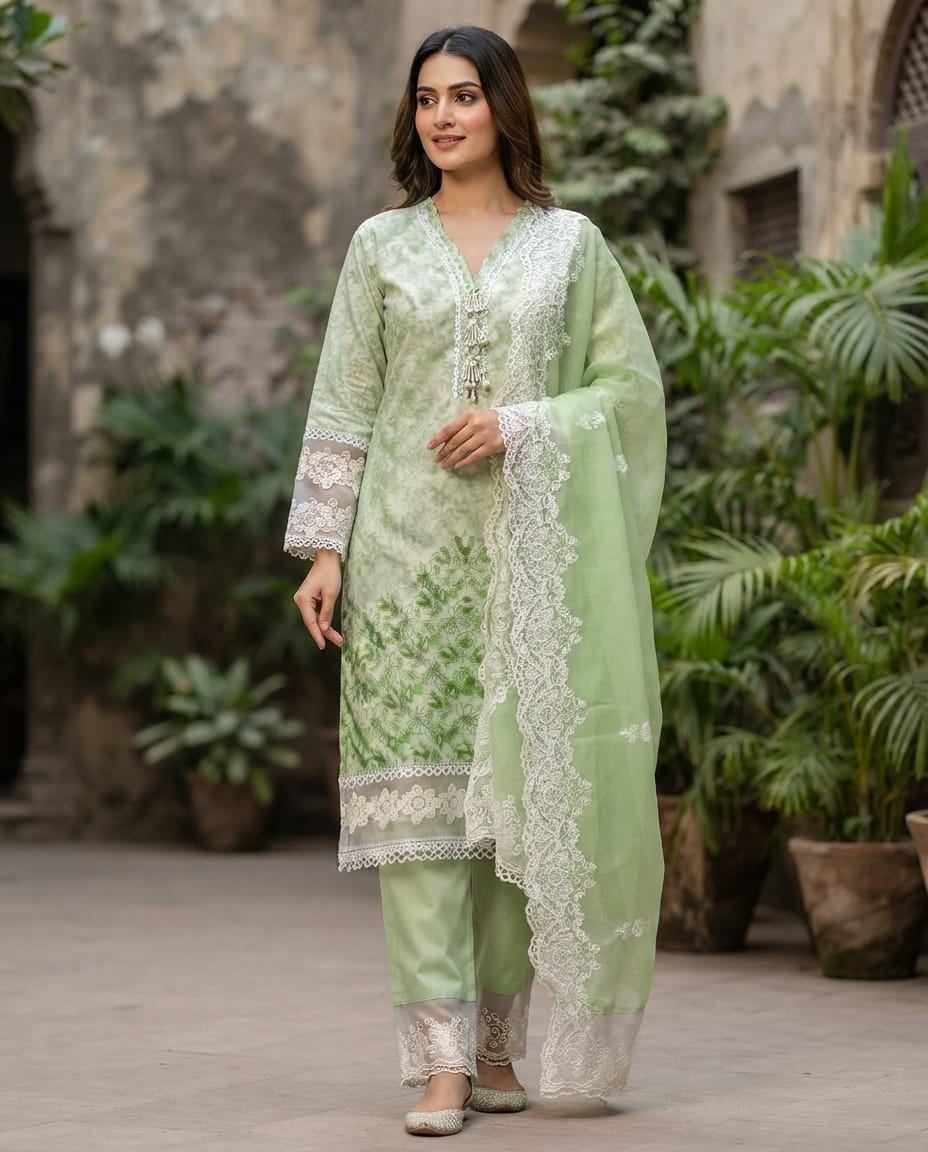 Pastel Green Floral Printed Lace-Detailing Kurta Pant Dupatta Set